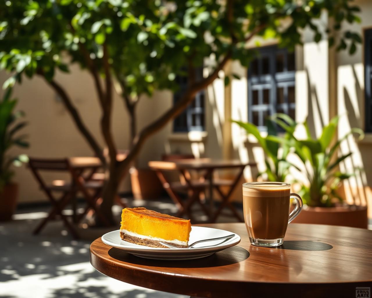 Sunlit courtyard table at August Living Haus with mango cheesecake and a flat white